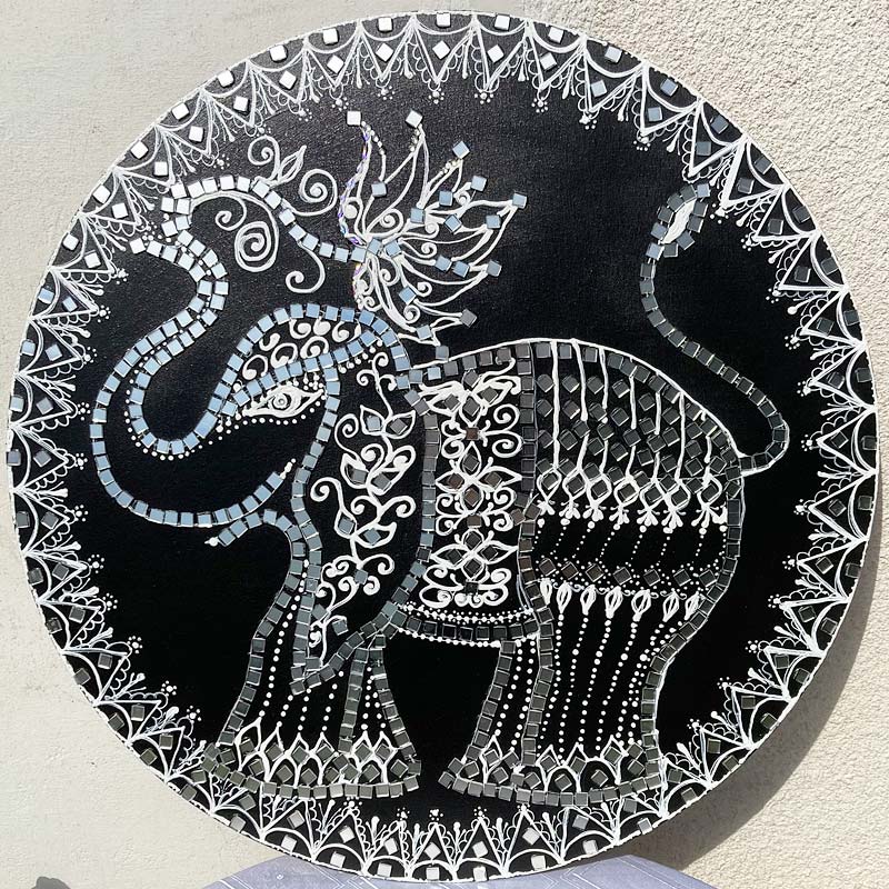 Tükörmozaikos elefánt falikép 70 cm átmérőjű