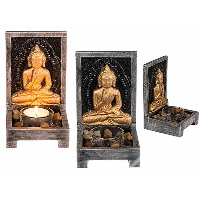 Fából készült mécsestartós kis Buddha oltár
