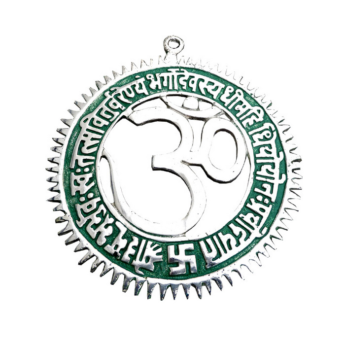 Gayatri mantrás OM falidísz fémből 12,5 cm átmérőjű