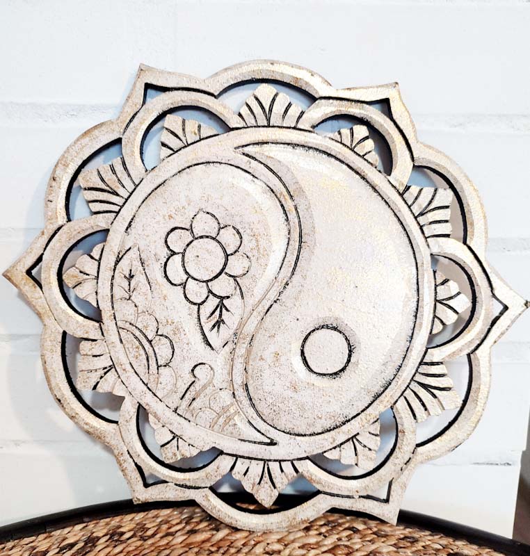 Jin-jang mandala fából készült falidísz (fehér-arany 30x30)