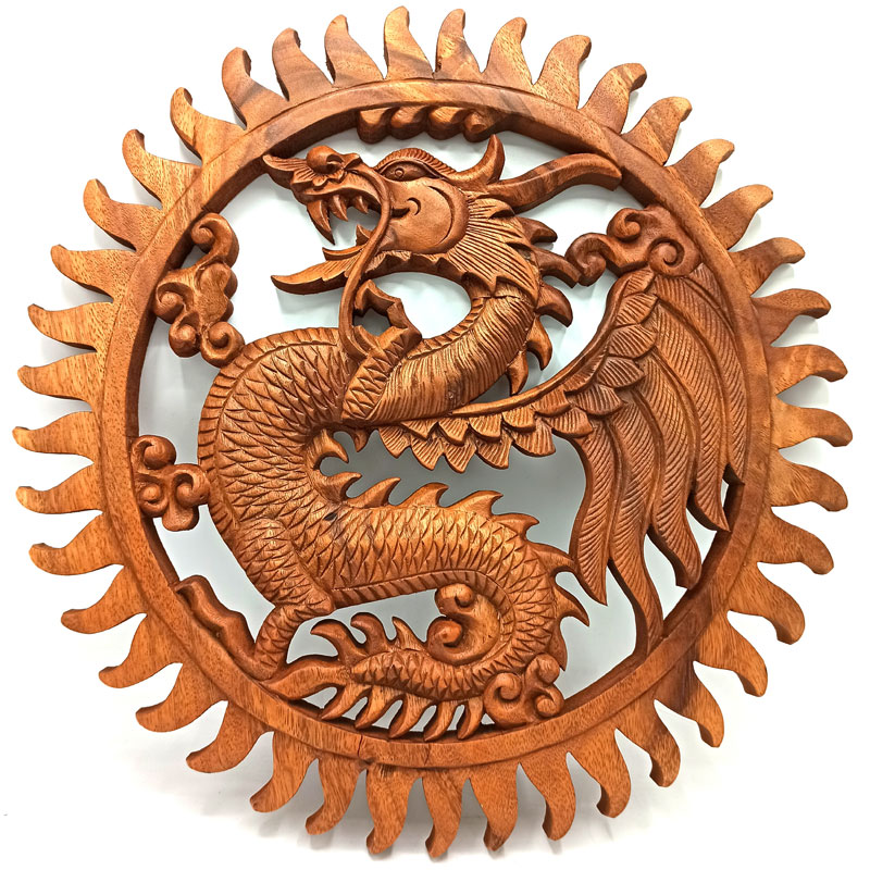 Sárkány alakos kézzel faragott gyönyörű falikép 40 cm átmérővel